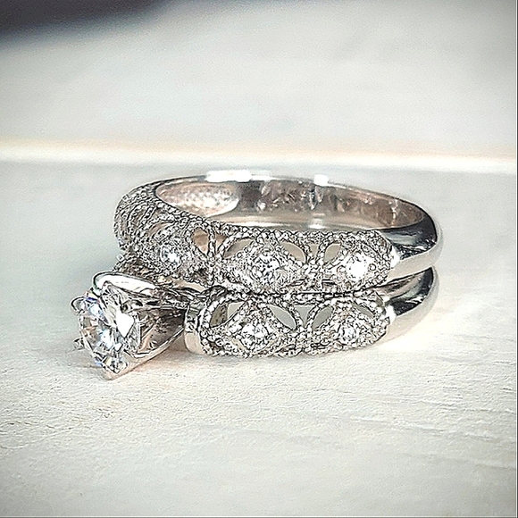 Vintage Style Sterling Silver Filigree Bridal Ring Set CZ Milgrain Details 925 - Picture 4 of 12